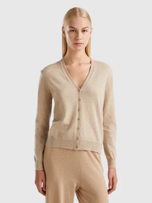 Benetton, Beige V-neck Cardigan In Pure Merino Wool, size XL, Beige, Women United Colors of Benetton