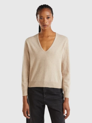 Benetton, Beige V-neck Sweater In Pure Merino Wool, size S, Beige, Women United Colors of Benetton