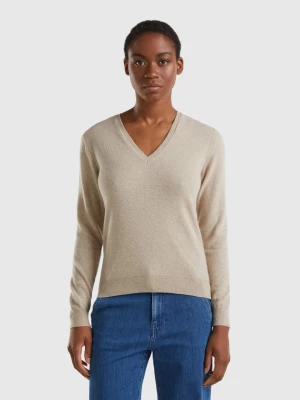 Benetton, Beige V-neck Sweater In Pure Merino Wool, size S, Beige, Women United Colors of Benetton