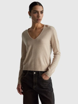 Benetton, Beige V-neck Sweater In Pure Merino Wool, Size: XS, Beige, Women United Colors of Benetton