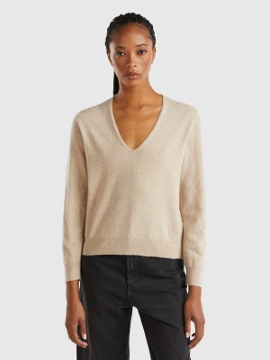 Benetton, Beige V-neck Sweater In Pure Merino Wool, Size: XXS, Beige, Women United Colors of Benetton