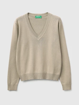 Benetton, Beige V-neck Sweater In Tricot Cotton, Size: XS, Beige, Women United Colors of Benetton