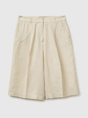 Benetton, 100% Linen Bermuda Shorts, Beige, Women United Colors of Benetton