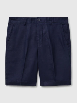 Benetton, Bermudas In Pure Linen, Size: 54, Dark Blue, Men United Colors of Benetton
