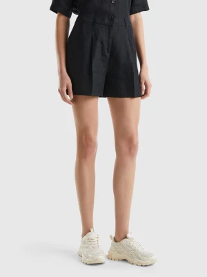 Benetton, Bermudas In Pure Linen, size , Black, Women United Colors of Benetton