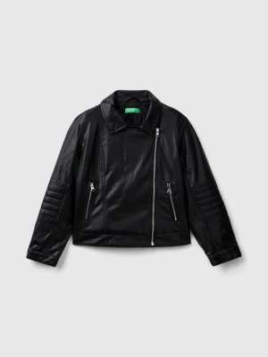 Benetton, Biker Jacket In Imitation Leather, size L, Black, Kids United Colors of Benetton