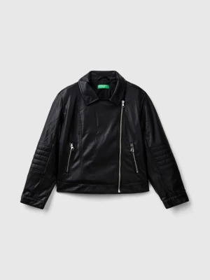 Benetton, Biker Jacket In Imitation Leather, size M, Black, Kids United Colors of Benetton