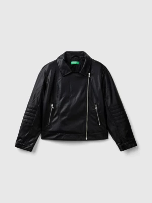 Benetton, Biker Jacket In Imitation Leather, size XL, Black, Kids United Colors of Benetton