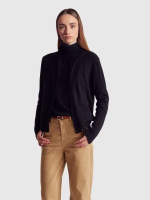 Benetton, Black Crew Neck Cardigan In Pure Merino Wool, Size: XXS, Black, Women United Colors of Benetton