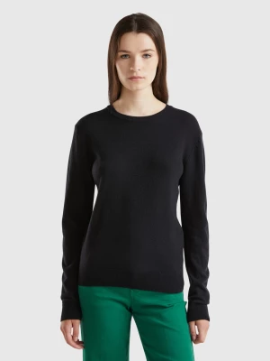 Benetton, Black Crew Neck Sweater In Merino Wool, size XS, Black, Women United Colors of Benetton