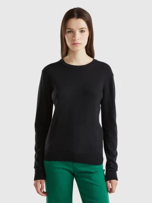 Benetton, Black Crew Neck Sweater In Merino Wool, size XS, Black, Women United Colors of Benetton