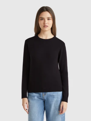 Benetton, Black Crew Neck Sweater In Merino Wool, size XS, Black, Women United Colors of Benetton