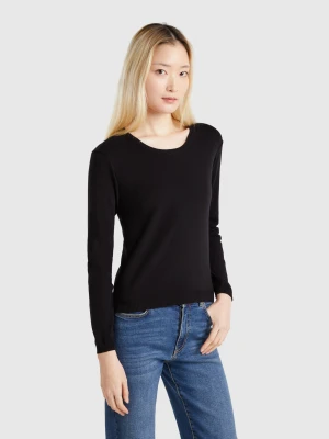 Benetton, Black Crew Neck Sweater In Pure Cotton, size XXS, Black, Women United Colors of Benetton