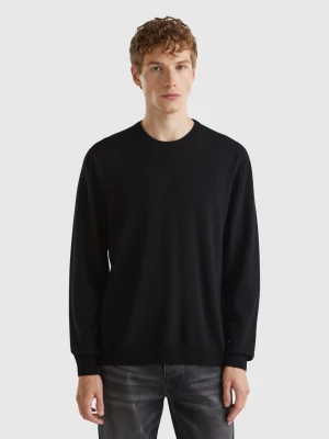 Benetton, Black Crew Neck Sweater In Pure Merino Wool, size L, Black, Men United Colors of Benetton