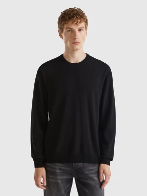 Benetton, Black Crew Neck Sweater In Pure Merino Wool, size M, Black, Men United Colors of Benetton