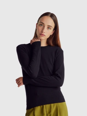 Benetton, Black Crew Neck Sweater In Pure Merino Wool, Size: XXS, Black, Women United Colors of Benetton