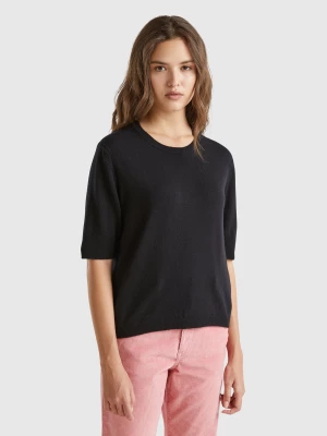 Benetton, Black Short Sleeve Sweater In Pure Merino Wool, size L, Black, Women United Colors of Benetton