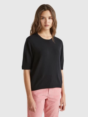 Benetton, Black Short Sleeve Sweater In Pure Merino Wool, size S, Black, Women United Colors of Benetton