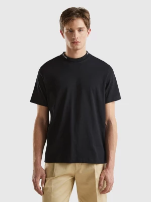 Benetton, Black T-shirt With Embroidery On The Neck, size XXXL, Black, Men United Colors of Benetton