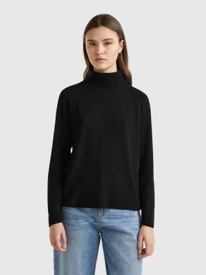 Benetton, Black Turtleneck Sweater In Cashmere And Wool Blend, size XS, Black, Women United Colors of Benetton