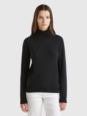 Benetton, Black Turtleneck Sweater In Pure Merino Wool, size L, Black, Women United Colors of Benetton