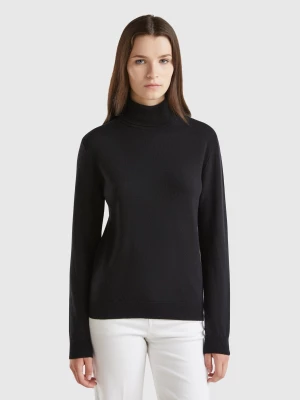 Benetton, Black Turtleneck Sweater In Pure Merino Wool, size L, Black, Women United Colors of Benetton