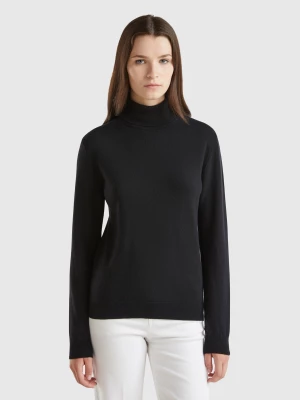 Benetton, Black Turtleneck Sweater In Pure Merino Wool, size XL, Black, Women United Colors of Benetton