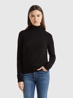 Benetton, Black Turtleneck Sweater In Pure Merino Wool, size XS, Black, Women United Colors of Benetton