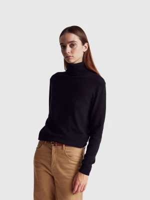 Benetton, Black Turtleneck Sweater In Pure Merino Wool, Size: XXS, Black, Women United Colors of Benetton