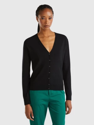 Benetton, Black V-neck Cardigan In Pure Merino Wool, size L, Black, Women United Colors of Benetton