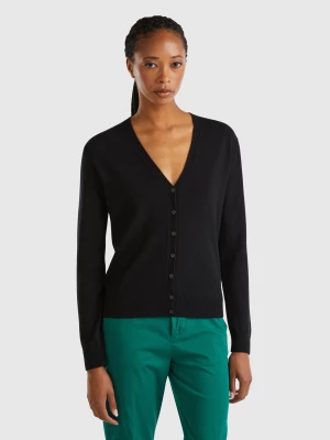 Benetton, Black V-neck Cardigan In Pure Merino Wool, size XL, Black, Women United Colors of Benetton