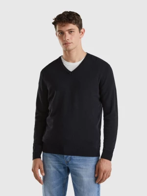 Benetton, Black V-neck Sweater In Pure Merino Wool, size L, Black, Men United Colors of Benetton