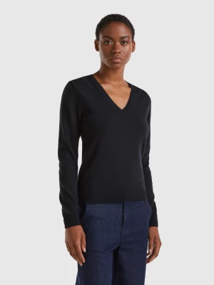 Benetton, Black V-neck Sweater In Pure Merino Wool, size L, Black, Women United Colors of Benetton