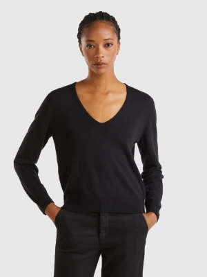 Benetton, Black V-neck Sweater In Pure Merino Wool, size XL, Black, Women United Colors of Benetton