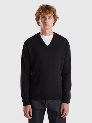 Benetton, Black V-neck Sweater In Pure Merino Wool, size XS, Black, Men United Colors of Benetton