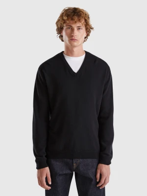Benetton, Black V-neck Sweater In Pure Merino Wool, Size: XS, Black, Men United Colors of Benetton