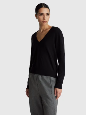 Benetton, Black V-neck Sweater In Pure Merino Wool, Size: XXS, Black, Women United Colors of Benetton