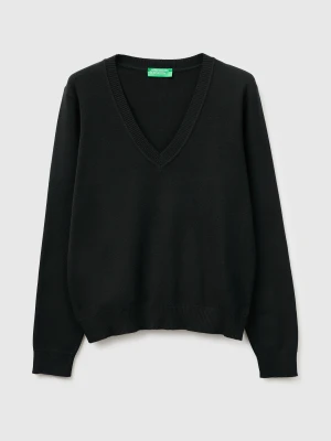 Benetton, Black V-neck Sweater In Tricot Cotton, Size: XS, Black, Women United Colors of Benetton