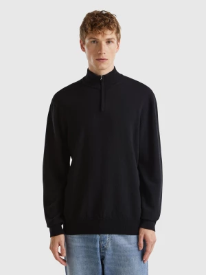 Benetton, Black Zip-up Sweater In 100% Merino Wool, size L, Black, Men United Colors of Benetton