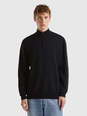 Benetton, Black Zip-up Sweater In 100% Merino Wool, size XL, Black, Men United Colors of Benetton