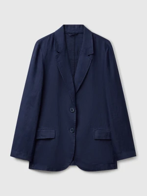 Benetton, Blazer In Pure Linen, Dark Blue, Women United Colors of Benetton
