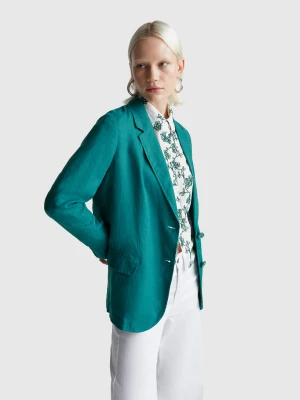 Benetton, Blazer In Pure Linen, Dark Green, Women United Colors of Benetton