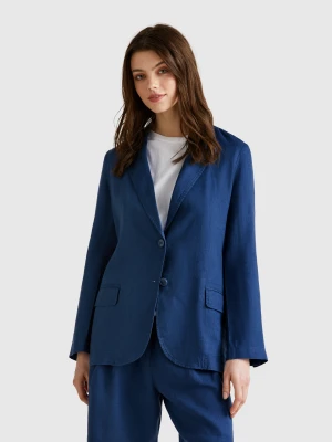 Benetton, Blazer In Pure Linen, size , Air Force Blue, Women United Colors of Benetton