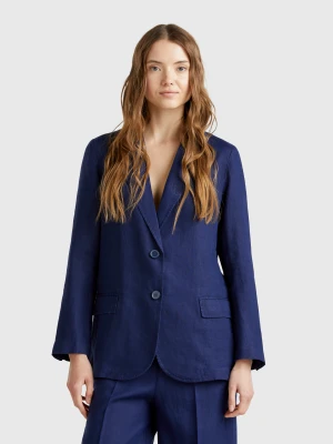 Benetton, Blazer In Pure Linen, size , Dark Blue, Women United Colors of Benetton