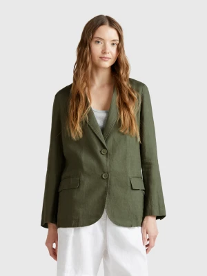 Benetton, Blazer In Pure Linen, size , Military Green, Women United Colors of Benetton