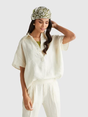 Benetton, Blouse In Pure Linen, Size: XXS, Creamy White, Women United Colors of Benetton