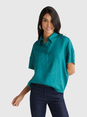 Benetton, Blouse In Pure Linen, Size: XXS, Dark Green, Women United Colors of Benetton
