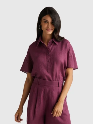 Benetton, Blouse In Pure Linen, Size: XXS, Plum, Women United Colors of Benetton