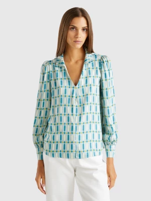 Benetton, Blouse In Satin With Geometric Pattern, size XS, Aqua, Women United Colors of Benetton