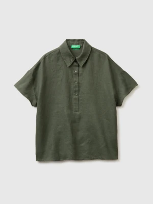 Benetton, 100% Linen Short-sleeved Blouse, Size: XS, Military Green, Women United Colors of Benetton